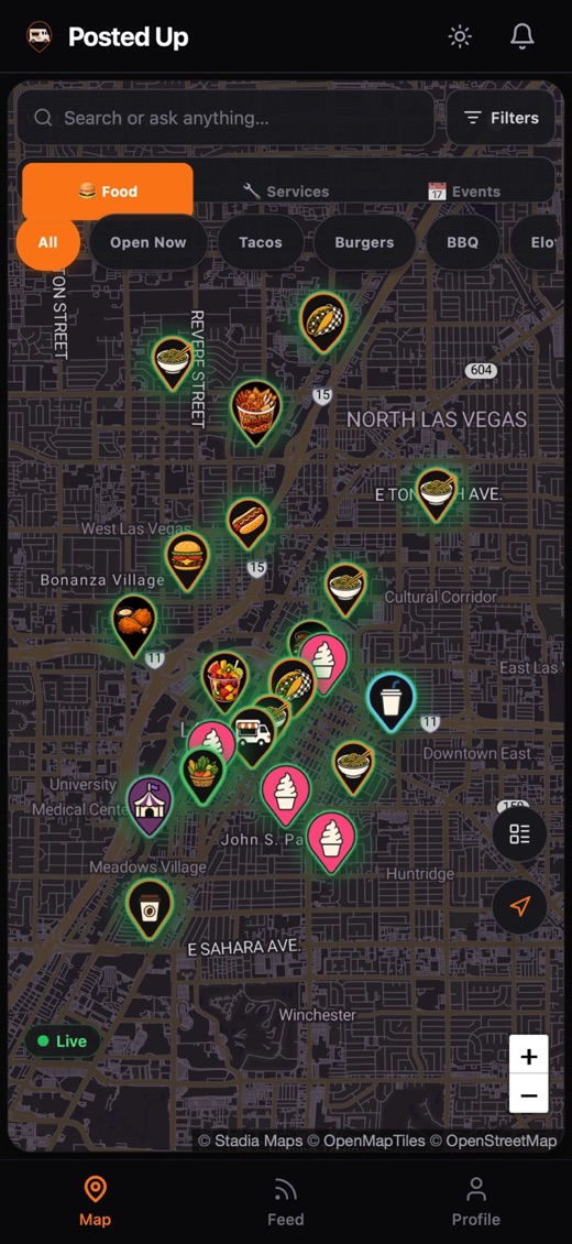 Posted Up live map of Las Vegas with food truck pins