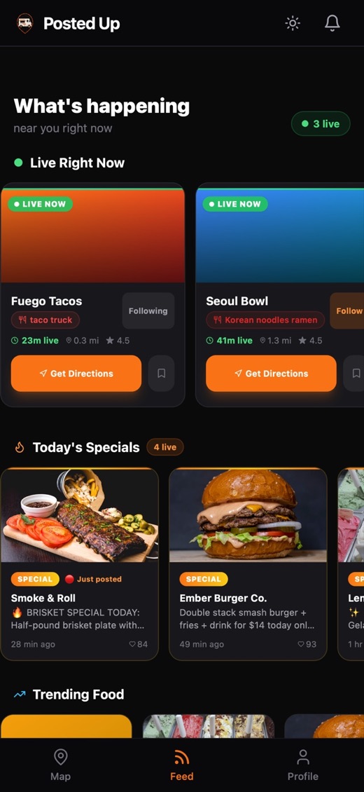 Posted Up feed showing vendors that are live right now