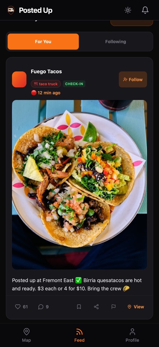 A vendor post with a photo of tacos and their check-in spot