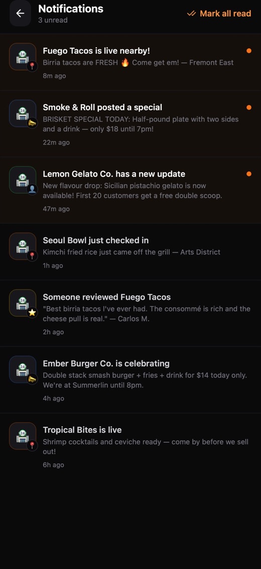 Posted Up notifications list with live alerts and specials